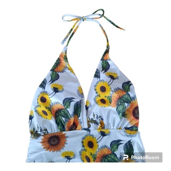 Sunflower Print One Piece Halter Backless Swimsuit - Picture 2 of 5